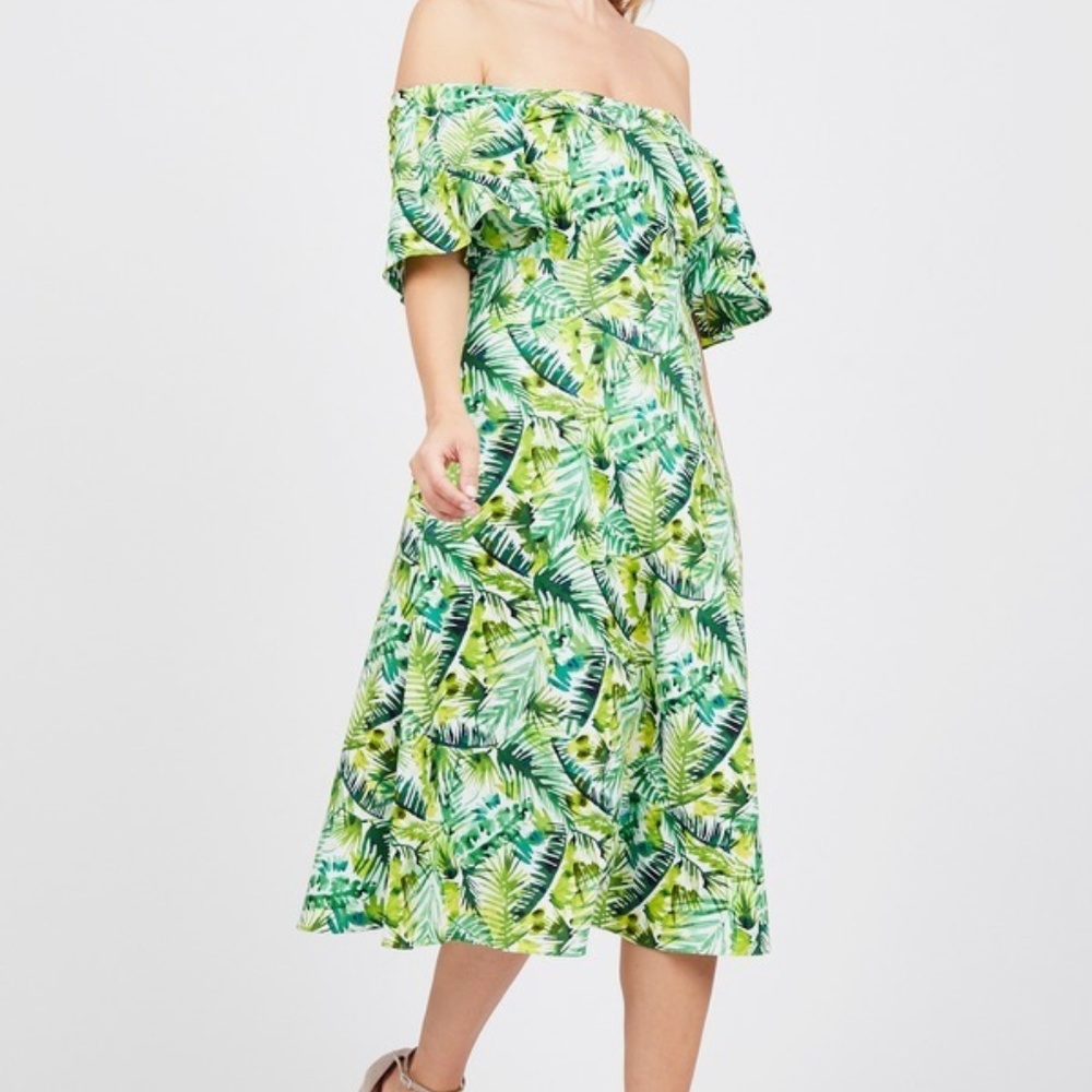 Clover & Sloane Palm Print Off Shoulder Midi Dress
